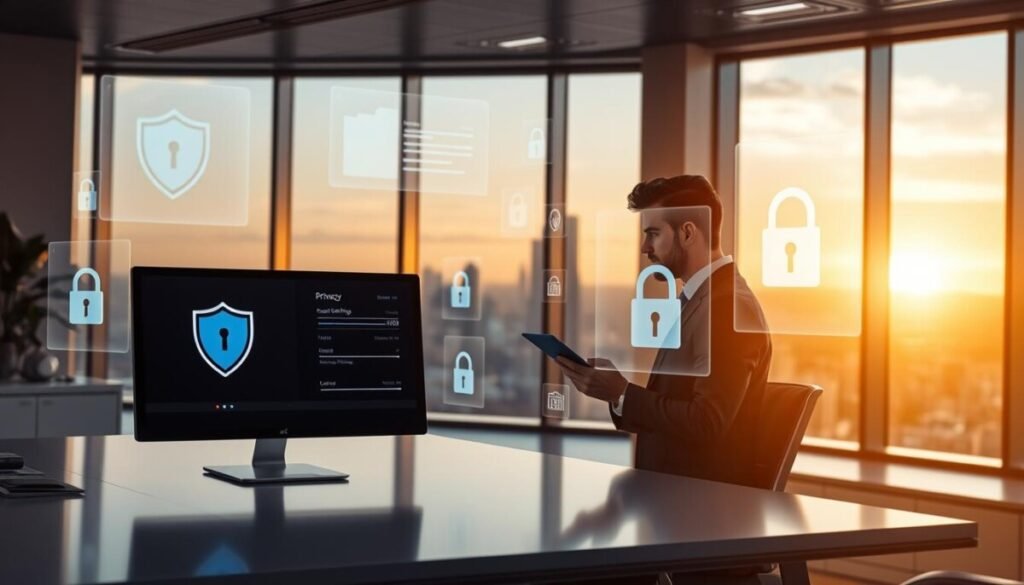 A futuristic office workspace illustrating the concept of "model privacy." In the foreground, a sleek, modern desk with a computer displaying a shield icon symbolizing data protection. A professional-looking individual in smart business attire examines digital privacy settings on a tablet, showing thoughtful engagement. In the middle ground, soft holographic screens float, displaying secure data management graphs and lock symbols, enhancing the theme of privacy regulation. The background features a panoramic cityscape visible through large windows, with a sunset casting warm, ambient light, creating an optimistic atmosphere for AI privacy's future. The overall mood combines professionalism with a sense of hope and security for personal data in the AI landscape, captured with a wide-angle lens to emphasize depth and clarity. A futuristic office workspace illustrating the concept of "model privacy." In the foreground, a sleek, modern desk with a computer displaying a shield icon symbolizing data protection. A professional-looking individual in smart business attire examines digital privacy settings on a tablet, showing thoughtful engagement. In the middle ground, soft holographic screens float, displaying secure data management graphs and lock symbols, enhancing the theme of privacy regulation. The background features a panoramic cityscape visible through large windows, with a sunset casting warm, ambient light, creating an optimistic atmosphere for AI privacy's future. The overall mood combines professionalism with a sense of hope and security for personal data in the AI landscape, captured with a wide-angle lens to emphasize depth and clarity.