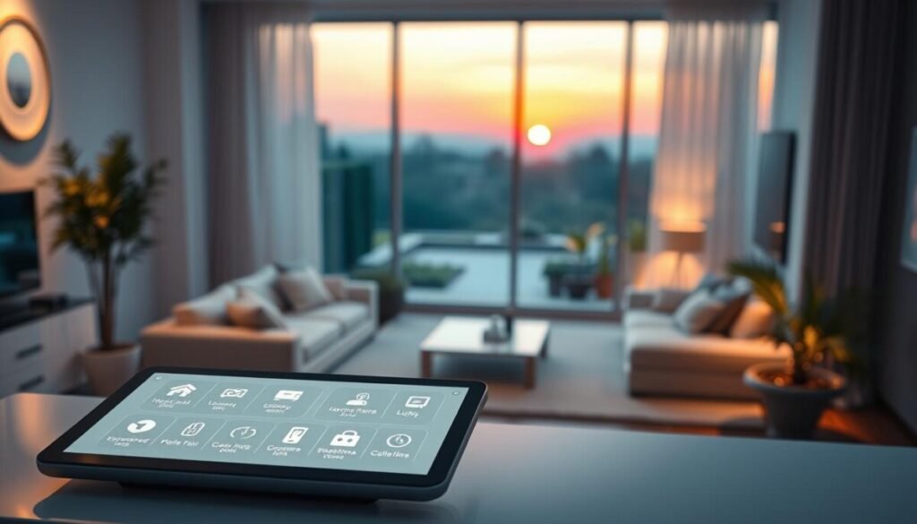 A futuristic smart home interface displaying various digital entities and defined areas. In the foreground, a sleek touchscreen panel showcases homes' entities like lights, security cameras, and smart appliances, each represented by intuitive icons. The middle ground features a well-organized living space, with highlighted areas like a living room, kitchen, and garden, each equipped with corresponding smart devices. Soft, ambient lighting creates a warm and inviting atmosphere, emphasizing a modern aesthetic. In the background, a large window reveals a beautiful sunset, bathing the scene in a gentle orange glow. The perspective is slightly elevated, offering a wide-angle view of the smart home setup, suggesting simplicity and accessibility for beginners in the realm of home automation.