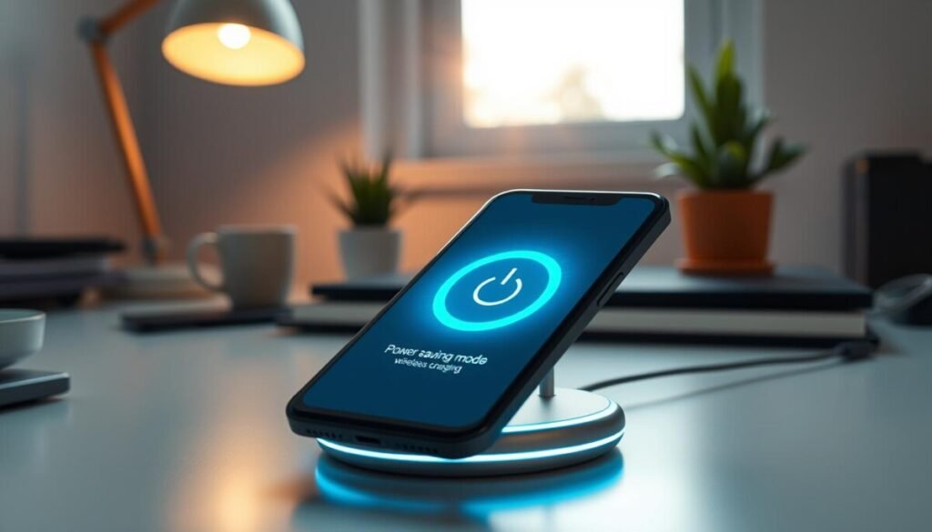A futuristic smartphone on a sleek charging pad, displaying a glowing power saving mode icon on its screen, surrounded by a soft blue light emanating from the phone. In the foreground, a modern and minimalist workspace clutter-free, with a stylish lamp casting warm lighting. The middle ground features subtle elements like a potted plant and a wireless charging stand to emphasize a tech-savvy environment. In the background, a softly blurred image of a window showing a sunny day outside, creating a serene atmosphere. This composition conveys a sense of tranquility and efficiency, highlighting the comfort of managing power saving modes. The overall mood is peaceful and focused, ideal for an article about optimizing device care.