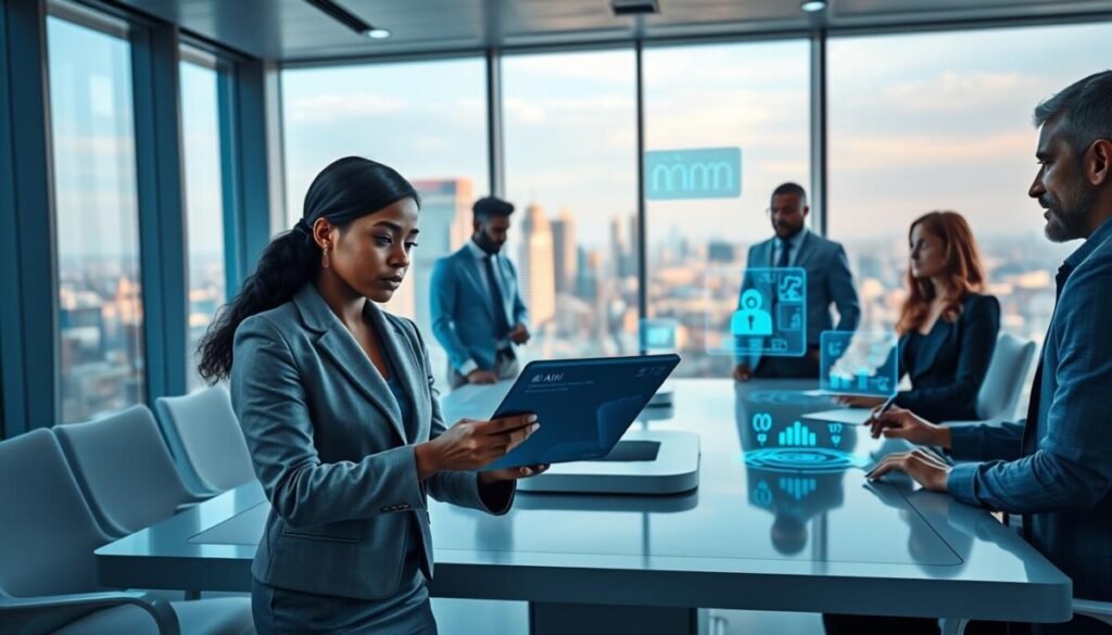 A futuristic workspace featuring a diverse team of professionals engaged in a collaborative discussion about leveraging AI automation in chat. In the foreground, a Black woman in smart business attire is analyzing a sleek tablet with AI-generated chat interface visuals. The middle ground showcases a modern conference table with holographic displays demonstrating chatbots in action, with graphs and statistics floating above. The background shows large windows overlooking a city skyline, with soft, ambient lighting creating a productive atmosphere. Use a wide-angle lens effect to capture the entire scene, enhancing the sense of innovation and teamwork, with a tranquil blue and white color palette to reflect a professional mood. A futuristic workspace featuring a diverse team of professionals engaged in a collaborative discussion about leveraging AI automation in chat. In the foreground, a Black woman in smart business attire is analyzing a sleek tablet with AI-generated chat interface visuals. The middle ground showcases a modern conference table with holographic displays demonstrating chatbots in action, with graphs and statistics floating above. The background shows large windows overlooking a city skyline, with soft, ambient lighting creating a productive atmosphere. Use a wide-angle lens effect to capture the entire scene, enhancing the sense of innovation and teamwork, with a tranquil blue and white color palette to reflect a professional mood.