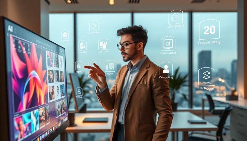 A futuristic workspace filled with advanced AI tools and generative features, showcasing a sleek digital interface on a computer screen in the foreground that displays vibrant graphics and design elements. In the middle ground, an artist in professional attire is interacting with the virtual tools through touch gestures, surrounded by floating icons representing AI capabilities like image generation, color suggestions, and layout optimization. The background features a minimalist office with soft, ambient lighting and a large window overlooking a modern cityscape, creating a collaborative and innovative atmosphere. Capture this scene with a wide-angle lens to emphasize the dynamic interaction and a warm color palette to evoke creativity and inspiration. A futuristic workspace filled with advanced AI tools and generative features, showcasing a sleek digital interface on a computer screen in the foreground that displays vibrant graphics and design elements. In the middle ground, an artist in professional attire is interacting with the virtual tools through touch gestures, surrounded by floating icons representing AI capabilities like image generation, color suggestions, and layout optimization. The background features a minimalist office with soft, ambient lighting and a large window overlooking a modern cityscape, creating a collaborative and innovative atmosphere. Capture this scene with a wide-angle lens to emphasize the dynamic interaction and a warm color palette to evoke creativity and inspiration.