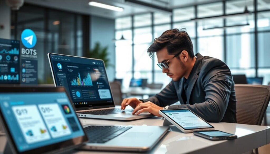 A futuristic workspace filled with various digital devices displaying Telegram bot interfaces. In the foreground, a sleek laptop screen showcases an interactive Telegram bot dashboard, with vibrant icons and graphs symbolizing productivity and automation. A professional individual, dressed in business attire, is intently engaging with the screen, exuding a sense of focus and innovation. In the middle ground, a modern desk with a smart tablet and a smartphone shows notifications from different Telegram bots, emphasizing their utility. The background should have a soft-focus effect, featuring a stylish office environment with large windows allowing natural light to flood in, creating a bright and inspiring atmosphere. The overall mood conveys efficiency and advancement, ideal for a tech-savvy audience. A futuristic workspace filled with various digital devices displaying Telegram bot interfaces. In the foreground, a sleek laptop screen showcases an interactive Telegram bot dashboard, with vibrant icons and graphs symbolizing productivity and automation. A professional individual, dressed in business attire, is intently engaging with the screen, exuding a sense of focus and innovation. In the middle ground, a modern desk with a smart tablet and a smartphone shows notifications from different Telegram bots, emphasizing their utility. The background should have a soft-focus effect, featuring a stylish office environment with large windows allowing natural light to flood in, creating a bright and inspiring atmosphere. The overall mood conveys efficiency and advancement, ideal for a tech-savvy audience.