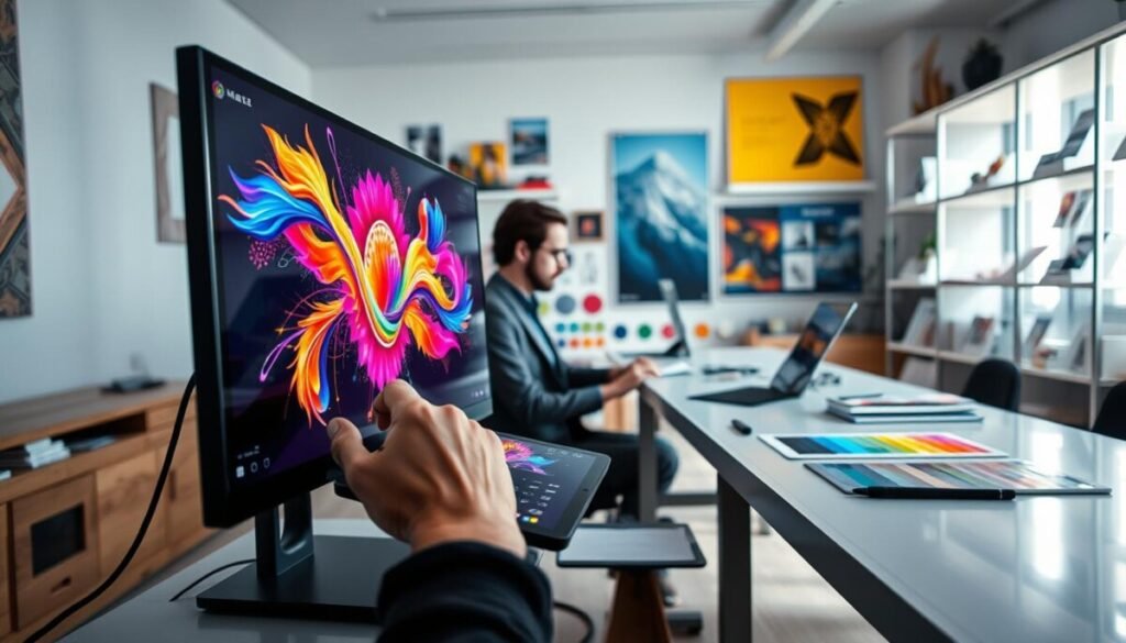 A futuristic workspace showcasing the concept of image generation. In the foreground, a sleek, modern computer monitor displays a vibrant array of colorful digital artwork being created in real-time. A stylized hand is interacting with a digital tablet, highlighting an engaging, creative process. In the middle ground, an artist in professional attire sits at a minimalist desk, surrounded by tools of digital art such as graphics pens and color swatch books, deep in concentration. The background features soft-focus shelves filled with art supplies and inspirational posters, enhancing the creative atmosphere. The lighting is bright but soft, mimicking natural daylight, creating an inviting and innovative mood. The angle captures both the artist and their work in an engaging, dynamic perspective.