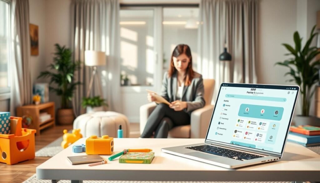 A harmonious room that illustrates the concept of balancing privacy and protection in parental control. In the foreground, a modern, sleek computer desk with a laptop displaying a parental control app interface, surrounded by colorful children's toys and books, emphasizing a family-friendly environment. The middle layer features a warm-toned professional-looking parent sitting on a comfortable chair, thoughtfully reviewing the app, dressed in smart casual attire. The background shows a cozy living room, tastefully decorated, with soft lighting from a nearby window, casting gentle shadows. The atmosphere is inviting and serene, reflecting the importance of technology in a family setting while ensuring privacy. The scene captures the delicate balance between guiding and respecting children's autonomy in the digital age. A harmonious room that illustrates the concept of balancing privacy and protection in parental control. In the foreground, a modern, sleek computer desk with a laptop displaying a parental control app interface, surrounded by colorful children's toys and books, emphasizing a family-friendly environment. The middle layer features a warm-toned professional-looking parent sitting on a comfortable chair, thoughtfully reviewing the app, dressed in smart casual attire. The background shows a cozy living room, tastefully decorated, with soft lighting from a nearby window, casting gentle shadows. The atmosphere is inviting and serene, reflecting the importance of technology in a family setting while ensuring privacy. The scene captures the delicate balance between guiding and respecting children's autonomy in the digital age.