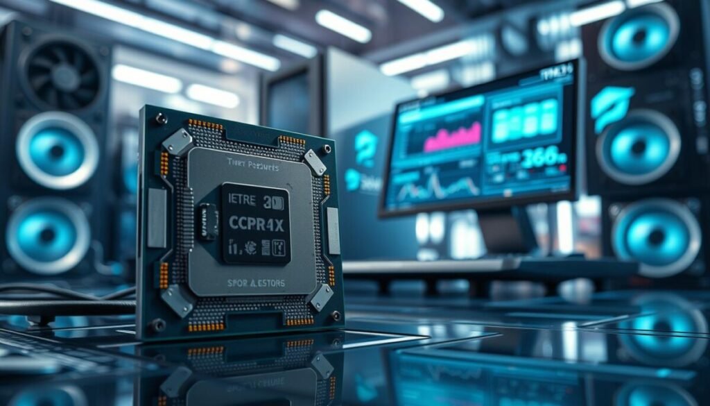 A high-performance CPU showcased prominently in the foreground, featuring intricate circuitry and thermal design elements that gleam under soft, focused lighting. In the middle ground, a sleek, modern laptop or desktop tower displays metrics and graphs on its screen, indicating resource management and performance statistics. The background presents a blurred, high-tech workstation environment, complete with cooling fans and multiple monitors displaying data analytics related to streaming efficiency. The lighting is cool and futuristic, evoking a sense of high-tech innovation and professionalism. Capture the essence of technical prowess, with reflections enhancing the metallic surfaces, creating a dynamic and engaging atmosphere for tech enthusiasts.