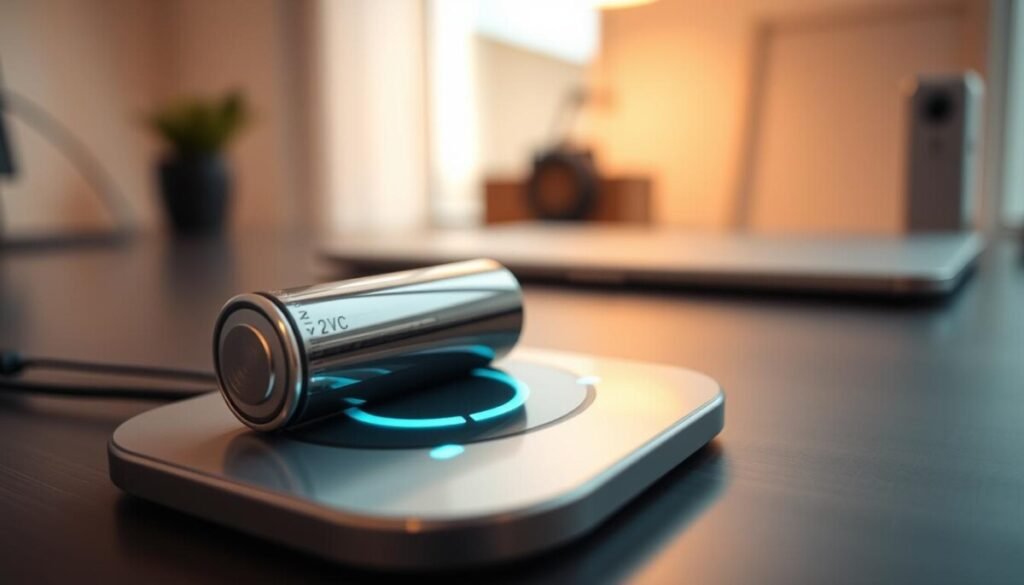 A high-quality close-up of a modern battery placed on a sleek wireless charging pad. In the foreground, the battery should be detailed, with visible voltage and capacity markings, showcasing a glossy metallic finish. The middle ground features the wireless charging pad with subtle glowing indicators showing it is actively charging. In the background, a soft-focus environment resembling a minimalist workspace with warm, ambient lighting, emphasizing a serene and tech-savvy atmosphere. The mood is calm and professional, suggesting innovation and efficiency. Use a shallow depth of field to draw attention to the battery and charging pad, creating an intimate feel while maintaining a clean, organized look.