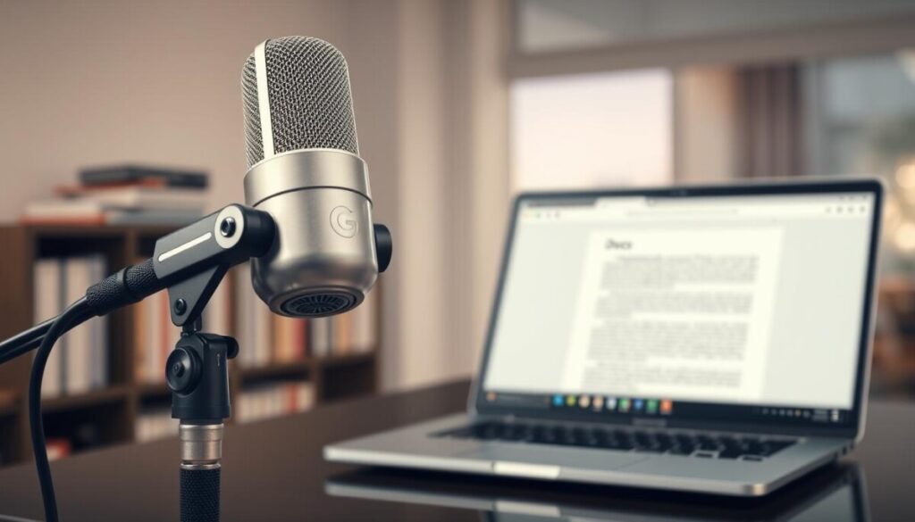 A high-quality studio microphone is positioned prominently in the foreground, its sleek metal design reflecting soft, diffused lights. The microphone features a pop filter and an adjustable stand, emphasizing its functionality for voice typing. In the middle ground, a laptop with an open Google Docs window is subtly blurred, suggesting the act of hands-free writing while maintaining focus on the microphone. The background showcases a softly lit office environment, with blurred bookshelves and a window allowing natural light to filter in, creating a calm and professional atmosphere. The overall mood is focused and inviting, inspiring confidence in the use of technology to improve accuracy in noisy environments. The shot is captured at eye-level, enhancing a sense of engagement and practicality.