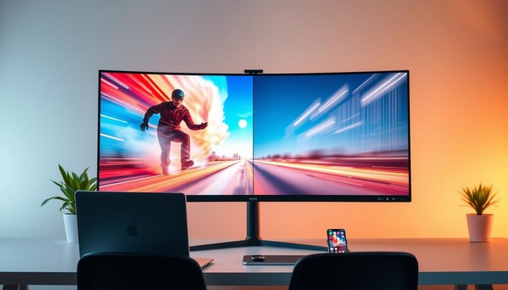 A high refresh rate screen set in a modern workspace; the foreground features a sleek, ultrawide monitor displaying vibrant graphics with a clear distinction between 120Hz and 60Hz refresh rates, showcasing smooth motion on the left and choppy frames on the right. In the middle ground, a laptop and smartphone are connected to the monitor, emphasizing cross-device performance. The background includes soft lit office elements like a desk plant and a gentle gradient wall. The lighting is bright and even, illuminating the screen’s details without glare, creating a professional atmosphere that conveys the technical nature of the subject. The overall mood is focused and innovative, representing real-world performance in technology.