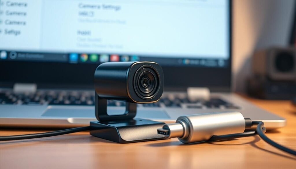 A high-resolution image focusing on a sleek, modern camera and microphone device designed for a Chromebook setup. The camera, with a polished black finish, is positioned on a desk with USB and HDMI connections visible, symbolizing connectivity challenges. The microphone, compact and silver, sits nearby, with its cord neatly arranged. The background features a softly blurred laptop displaying settings for camera and microphone management, enhancing the context of troubleshooting. Warm, ambient lighting creates a professional atmosphere, highlighting the devices’ intricate details. The angle is slightly above the desk, offering a clear view of the hardware while maintaining a clean and organized workspace. The mood is calm, emphasizing clarity and focus on technology functionality. A high-resolution image focusing on a sleek, modern camera and microphone device designed for a Chromebook setup. The camera, with a polished black finish, is positioned on a desk with USB and HDMI connections visible, symbolizing connectivity challenges. The microphone, compact and silver, sits nearby, with its cord neatly arranged. The background features a softly blurred laptop displaying settings for camera and microphone management, enhancing the context of troubleshooting. Warm, ambient lighting creates a professional atmosphere, highlighting the devices’ intricate details. The angle is slightly above the desk, offering a clear view of the hardware while maintaining a clean and organized workspace. The mood is calm, emphasizing clarity and focus on technology functionality.