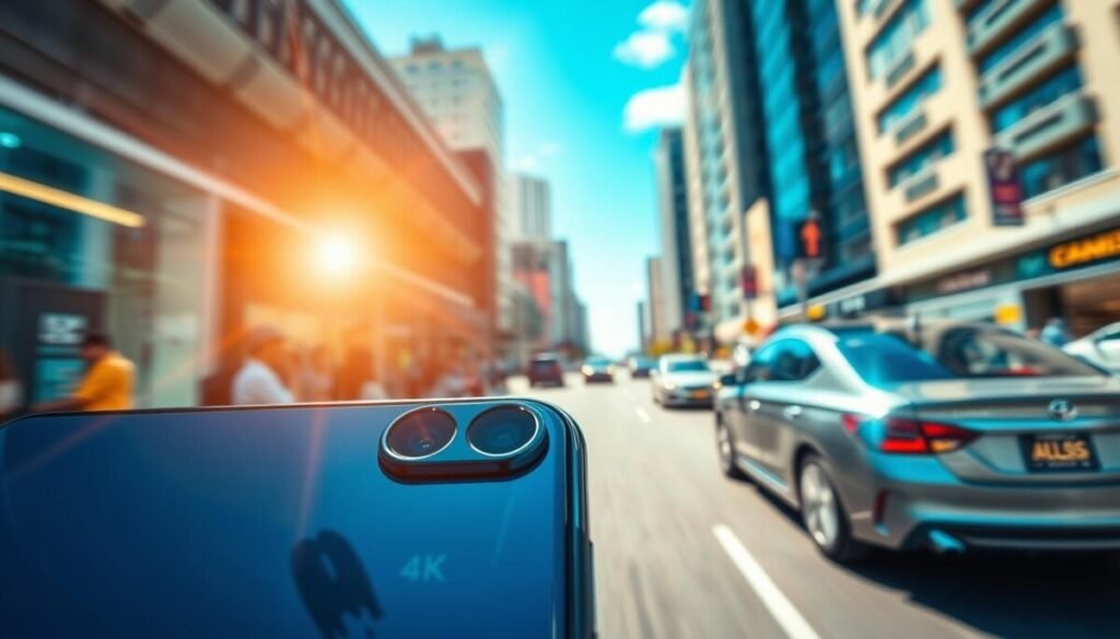 A high-resolution, visually striking image illustrating the concept of high resolution and frame rates in video recording. In the foreground, a sleek smartphone is front and center, showcasing its camera lens glinting in bright sunlight, emphasizing its advanced technology. In the middle ground, blurred motion trails capture the essence of fast-moving video content, hinting at high frame rates. The background features a vibrant urban landscape with dynamic scenes, such as people engaging in activities and cars speeding by, symbolizing the energy of recording in 4K. The lighting is bright, exuding a sense of clarity and detail, with a slight lens flare for artistic effect. The overall mood is modern and energetic, reflecting the excitement of capturing high-quality video.