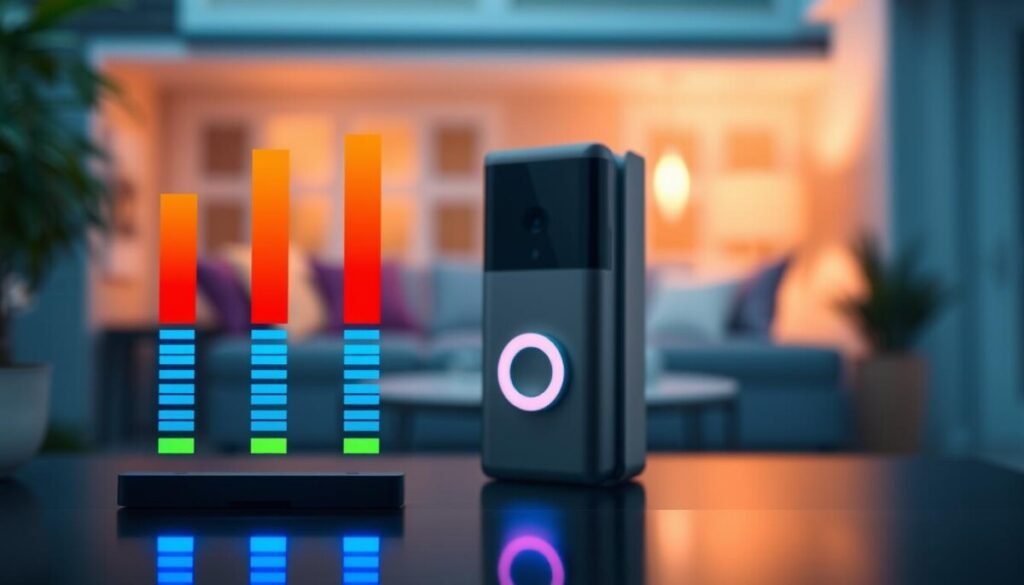 A high-tech digital display showcasing varying levels of signal strength in vibrant colors. In the foreground, a sleek, futuristic signal meter with glowing bars indicating low to high connectivity. Each bar is illuminated with a gradient, transitioning from red to green, representing the strength of the connection. In the middle ground, a blurred out Ring Doorbell device is prominently featured, hinting at the subject of connectivity issues. The background depicts a subtly rendered home setting with soft lighting, suggesting evening hours, while maintaining a focus on the signal meter. The atmosphere is professional, reflecting urgency but also a sense of clarity in understanding connectivity problems. Use a slight vignette effect to center attention on the signal strength display.