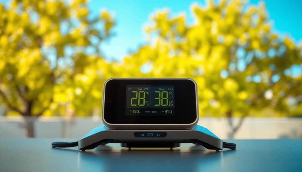 A high-tech environmental monitoring device prominently displayed in the foreground, featuring sleek metallic surfaces and illuminated screens showing temperature and humidity readings. In the middle ground, a blurred view of an outdoor setting showcasing bright sunlight filtering through leafy trees, indicating a warm day. The background depicts a subtle gradient of blue sky. The lighting is bright and natural, casting soft shadows that enhance the device’s futuristic design. The scene conveys a sense of urgency and awareness of environmental impacts on technology, inviting the viewer to reflect on usage habits in varying temperatures. The overall mood is informative yet engaging, emphasizing the importance of monitoring environmental factors in technology usage. A high-tech environmental monitoring device prominently displayed in the foreground, featuring sleek metallic surfaces and illuminated screens showing temperature and humidity readings. In the middle ground, a blurred view of an outdoor setting showcasing bright sunlight filtering through leafy trees, indicating a warm day. The background depicts a subtle gradient of blue sky. The lighting is bright and natural, casting soft shadows that enhance the device’s futuristic design. The scene conveys a sense of urgency and awareness of environmental impacts on technology, inviting the viewer to reflect on usage habits in varying temperatures. The overall mood is informative yet engaging, emphasizing the importance of monitoring environmental factors in technology usage.