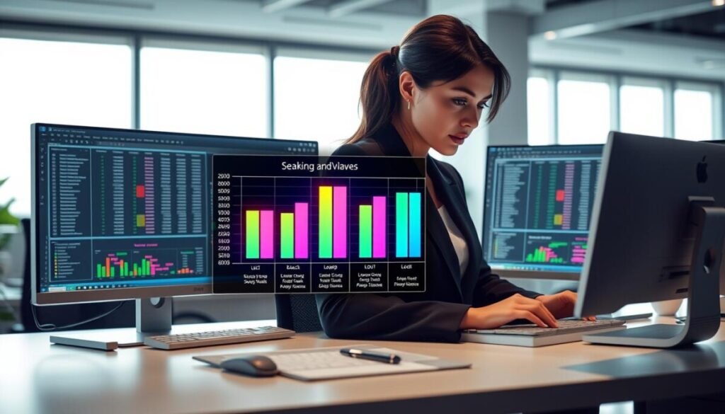A high-tech office environment featuring a sleek computer desk with dual monitors displaying advanced Excel spreadsheets. In the foreground, a professional woman in smart business attire is intensely focused on her work, manipulating data in Excel while using the XLOOKUP function. The middle of the image showcases a glowing chart with vibrant colors highlighting search modes, alongside visual representations of lookup values, combining graphs and data tables. The background features soft natural light coming through large windows, creating a bright and inspiring atmosphere. The camera angle is slightly above eye-level, providing a comprehensive view of the workspace. The overall mood is productive and innovative, capturing the essence of advanced data searching in Excel. A high-tech office environment featuring a sleek computer desk with dual monitors displaying advanced Excel spreadsheets. In the foreground, a professional woman in smart business attire is intensely focused on her work, manipulating data in Excel while using the XLOOKUP function. The middle of the image showcases a glowing chart with vibrant colors highlighting search modes, alongside visual representations of lookup values, combining graphs and data tables. The background features soft natural light coming through large windows, creating a bright and inspiring atmosphere. The camera angle is slightly above eye-level, providing a comprehensive view of the workspace. The overall mood is productive and innovative, capturing the essence of advanced data searching in Excel.