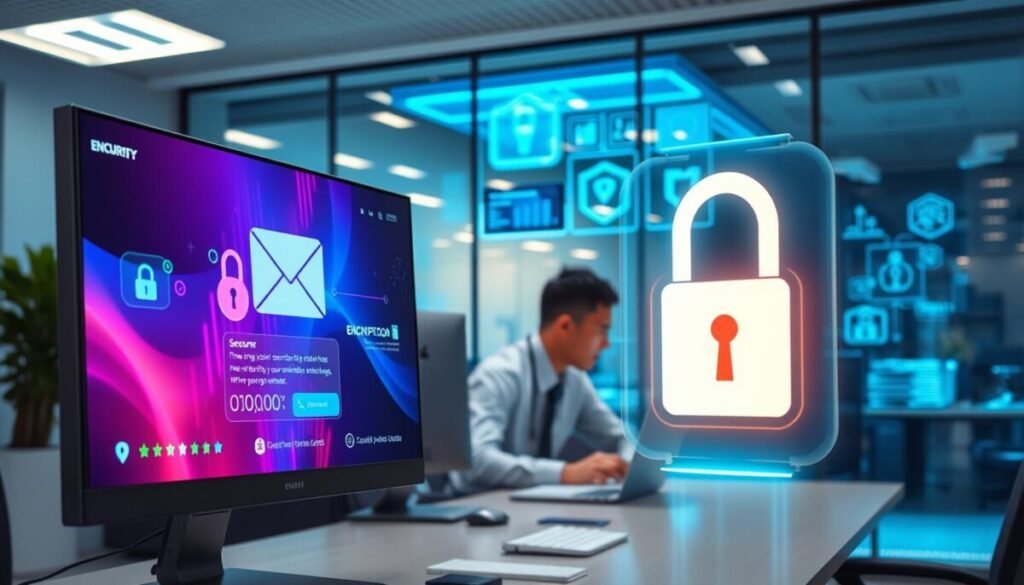 A high-tech office environment filled with advanced security features for business users. In the foreground, a sleek, modern computer monitor displays an encrypted email interface with vibrant visuals of encryption keys and secure communication symbols. In the middle ground, a professional individual in business attire is using the computer, focused on the screen, with a digital padlock symbol holographically hovering above the desk, symbolizing advanced security measures. The background shows a smart glass wall with high-tech surveillance cameras and a digital security dashboard illuminating the room with a soft blue hue. The scene is well-lit with a balance of natural light and ambient LEDs, creating a sophisticated and secure atmosphere, emphasizing trust and professionalism. A high-tech office environment filled with advanced security features for business users. In the foreground, a sleek, modern computer monitor displays an encrypted email interface with vibrant visuals of encryption keys and secure communication symbols. In the middle ground, a professional individual in business attire is using the computer, focused on the screen, with a digital padlock symbol holographically hovering above the desk, symbolizing advanced security measures. The background shows a smart glass wall with high-tech surveillance cameras and a digital security dashboard illuminating the room with a soft blue hue. The scene is well-lit with a balance of natural light and ambient LEDs, creating a sophisticated and secure atmosphere, emphasizing trust and professionalism.