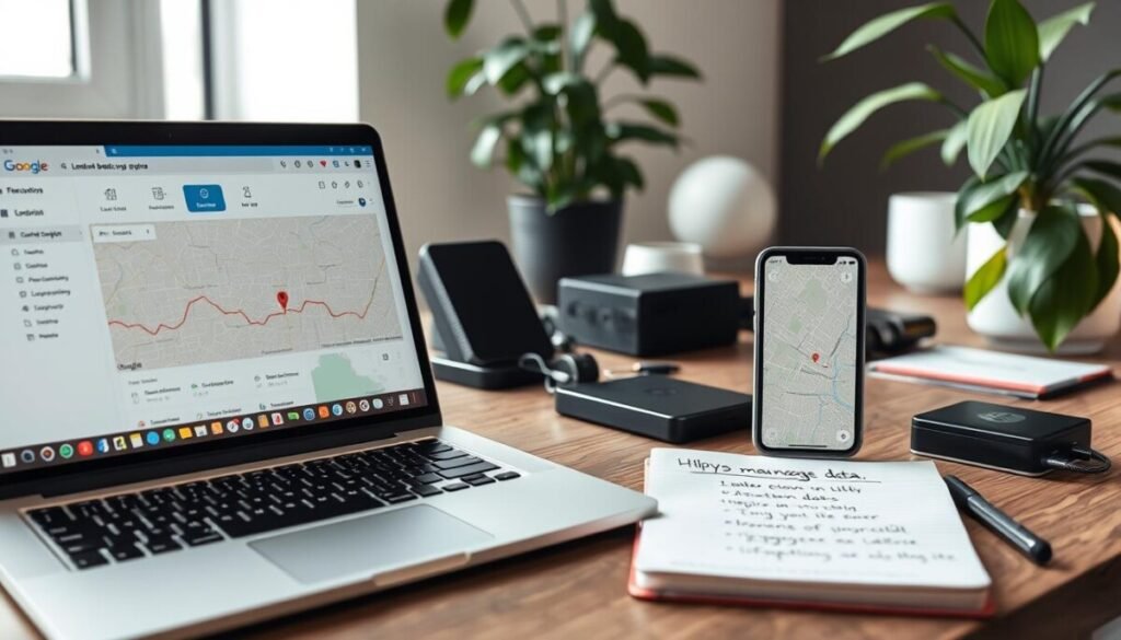 A high-tech workspace showcasing a laptop and smartphone displaying location data backup features from a mapping application. In the foreground, there’s a sleek, modern laptop with an open browser tab featuring a Google Maps-like interface showing a timeline of location data. Beside it, a smartphone screen displays a graphical representation of maps with location pins. The middle ground includes a stylish desk cluttered with tech gadgets, an external hard drive, and a notepad with bullet points about managing data. In the background, there is a soft focus of green plants and a minimalist home office setting. Soft, natural lighting enhances a calm and organized atmosphere, with a focus on efficiency. The image should convey a sense of modern technology and professionalism without any text or distractions.