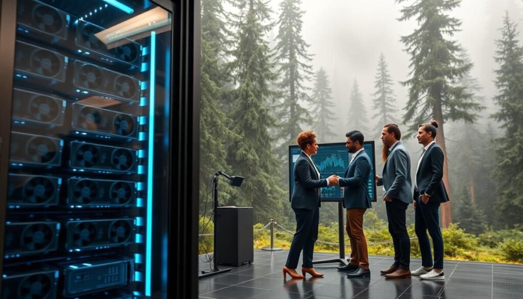 A highly detailed and realistic depiction of a Black Forest Labs model, showcasing cutting-edge AI technology. In the foreground, feature a sleek, sophisticated server rack filled with powerful GPUs, illuminated by a soft blue light that highlights its modern design. In the middle, display a team of diverse professionals dressed in smart business attire, collaborating over a high-tech screen displaying data analytics and AI models. In the background, illustrate the lush greenery of the Black Forest, with towering trees and a misty atmosphere, suggesting a blend of technology and nature. Use a wide-angle lens to capture the entire scene, with a warm and inviting ambiance, emphasizing innovation and collaboration in tech.
