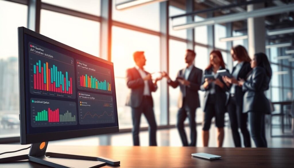 A highly detailed, professional illustration of "API quotas" in a tech environment. In the foreground, a sleek, modern computer monitor displays graphical representations of API usage with colorful bar graphs and warning notifications, showcasing limits and quotas. In the middle ground, a diverse team of professionals in business attire discusses data analytics, pointing towards the screen while holding digital tablets. The background features a stylish office with large windows bathing the scene in soft, natural light, creating an atmosphere of collaboration and urgency. The focus should be on clarity and technical precision, with a slight depth of field to emphasize the foreground elements, capturing the essence of error handling in an API context. A highly detailed, professional illustration of "API quotas" in a tech environment. In the foreground, a sleek, modern computer monitor displays graphical representations of API usage with colorful bar graphs and warning notifications, showcasing limits and quotas. In the middle ground, a diverse team of professionals in business attire discusses data analytics, pointing towards the screen while holding digital tablets. The background features a stylish office with large windows bathing the scene in soft, natural light, creating an atmosphere of collaboration and urgency. The focus should be on clarity and technical precision, with a slight depth of field to emphasize the foreground elements, capturing the essence of error handling in an API context.