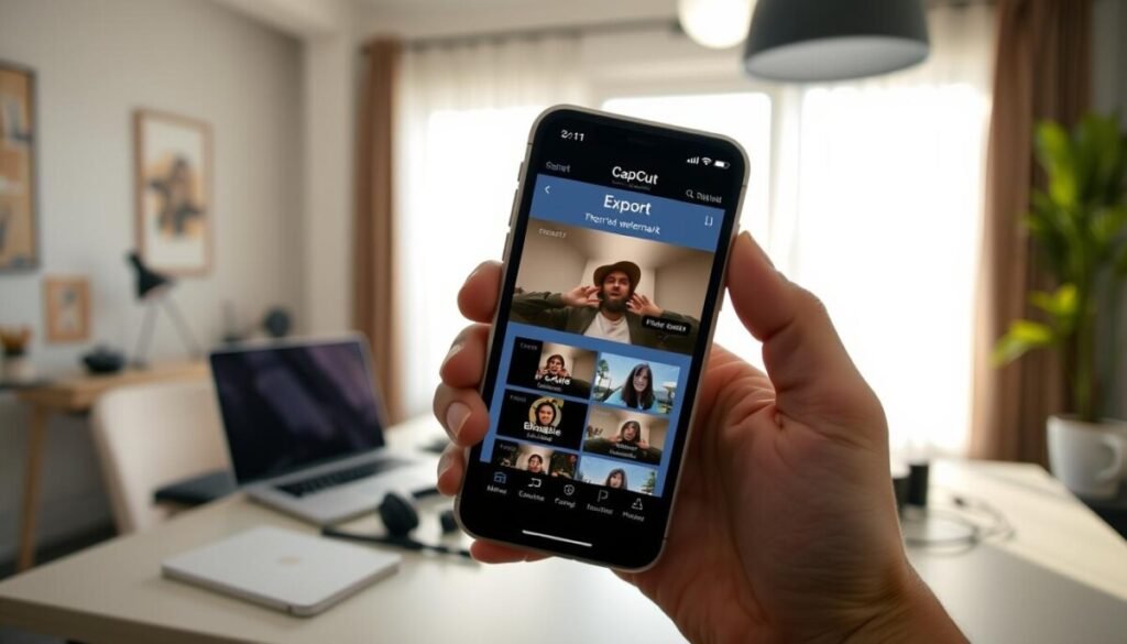A mobile smartphone displays the CapCut app interface, focusing on the export screen for videos. The foreground features a modern, sleek smartphone, held in a person's hand, showcasing vibrant video thumbnails without any visible watermark. The person is dressed in modest casual attire, with their hand positioned at an angle to emphasize the export feature. In the middle ground, a softly blurred desk with various digital devices, like a laptop and headphones, creates a creative workspace ambiance. The background features a bright, sunlit room with soft shadows and natural light streaming through a window. The overall mood is professional yet relaxed, conveying the ease of exporting videos smoothly and efficiently.