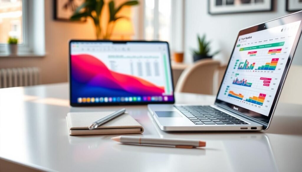 A modern Apple Numbers spreadsheet displayed on a sleek MacBook Pro sitting on a clean, minimalist desk. The foreground features a close-up of the vibrant interface, showcasing colorful charts and data cells filled with numerical information. In the middle ground, a neatly organized workspace includes a stylish notebook and an Apple Pencil, hinting at productivity and creativity. The background reveals a softly blurred home office setting with warm, ambient lighting filtering through a nearby window, casting gentle shadows. The atmosphere suggests a professional yet comfortable environment for Mac users. The image is captured from a slightly elevated angle, emphasizing the seamless design of Apple products while focusing on the elegance and functionality of the Numbers spreadsheet. A modern Apple Numbers spreadsheet displayed on a sleek MacBook Pro sitting on a clean, minimalist desk. The foreground features a close-up of the vibrant interface, showcasing colorful charts and data cells filled with numerical information. In the middle ground, a neatly organized workspace includes a stylish notebook and an Apple Pencil, hinting at productivity and creativity. The background reveals a softly blurred home office setting with warm, ambient lighting filtering through a nearby window, casting gentle shadows. The atmosphere suggests a professional yet comfortable environment for Mac users. The image is captured from a slightly elevated angle, emphasizing the seamless design of Apple products while focusing on the elegance and functionality of the Numbers spreadsheet.