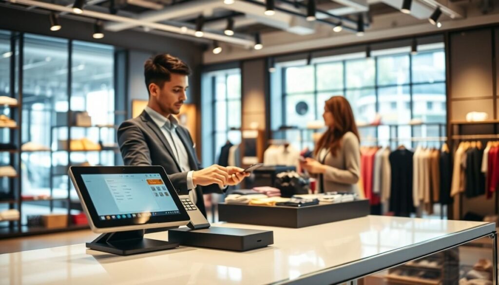A modern Shopify POS setup in a vibrant retail environment. In the foreground, showcase a sleek and fashionable point-of-sale terminal with a touch screen and card reader. A well-dressed shopkeeper in smart casual attire interacts with the system, engaged with a customer. In the middle ground, feature a neatly organized counter displaying various products, such as clothing and accessories. The background should reveal a stylish store interior with shelves filled with merchandise and large windows allowing natural light to flood the space. Soft, warm lighting enhances the inviting atmosphere, and the scene should convey a sense of professional efficiency and customer satisfaction, captured from an angle that highlights both the POS and the interaction between the shopkeeper and customer.