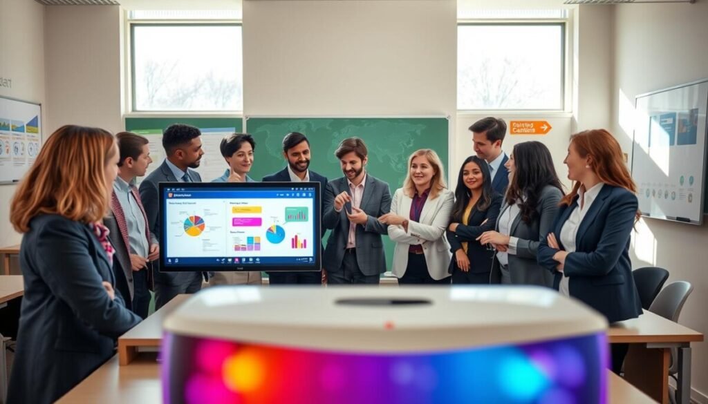A modern and engaging classroom scene focused on interactive slides. In the foreground, a colorful digital projector displays vibrant slides with diagrams, colorful graphics, and interactive elements. In the middle, a diverse group of teachers and students, dressed in professional business attire, are attentively engaging with the slides. They are pointing and discussing ideas, showcasing a collaborative learning environment. In the background, the classroom is well-lit with natural sunlight streaming through large windows, creating a warm and inviting atmosphere. The walls are adorned with educational posters and a whiteboard, enhancing the educational feel. The overall mood is energetic and inspiring, capturing the essence of innovative teaching methods. A modern and engaging classroom scene focused on interactive slides. In the foreground, a colorful digital projector displays vibrant slides with diagrams, colorful graphics, and interactive elements. In the middle, a diverse group of teachers and students, dressed in professional business attire, are attentively engaging with the slides. They are pointing and discussing ideas, showcasing a collaborative learning environment. In the background, the classroom is well-lit with natural sunlight streaming through large windows, creating a warm and inviting atmosphere. The walls are adorned with educational posters and a whiteboard, enhancing the educational feel. The overall mood is energetic and inspiring, capturing the essence of innovative teaching methods.