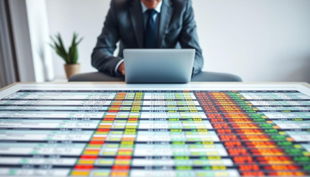 A modern and sleek data table on a clean white background, showcasing well-organized rows and columns filled with vibrant, diverse data sets. The foreground features a close-up of the table, with emphasis on clear headers and highlighted cells that indicate important values. In the middle, a professional individual in business attire, focused on the table while using a laptop, is positioned at an angle that conveys engagement with the data. The background is softly blurred, hinting at an office environment with minimalistic decor and soft lighting to create a productive and innovative atmosphere. The overall mood is one of clarity and efficiency, ideal for preparing data for AI analysis.