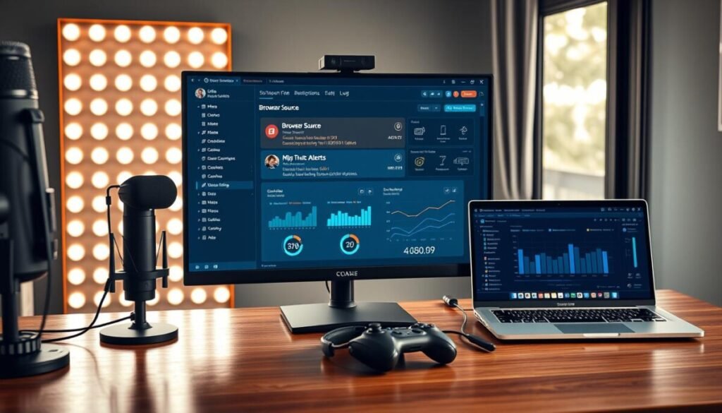 A modern and sleek desktop setup featuring a streaming software interface displayed on a large monitor, prominently showing a "browser source" window with vibrant alerts and notifications. In the foreground, a well-organized desk includes professional streaming equipment, such as a high-quality microphone and a webcam. The middle ground emphasizes a pair of headphones, a gaming controller, and a laptop displaying easy-to-read charts and connectivity options. The background consists of soft-focus LED lights casting a warm glow, creating an inviting atmosphere. Natural light streams in from a nearby window, enhancing the workspace without causing glare. The overall mood is focused and productive, inviting viewers to dive into their streaming setup while troubleshooting their alerts. A modern and sleek desktop setup featuring a streaming software interface displayed on a large monitor, prominently showing a "browser source" window with vibrant alerts and notifications. In the foreground, a well-organized desk includes professional streaming equipment, such as a high-quality microphone and a webcam. The middle ground emphasizes a pair of headphones, a gaming controller, and a laptop displaying easy-to-read charts and connectivity options. The background consists of soft-focus LED lights casting a warm glow, creating an inviting atmosphere. Natural light streams in from a nearby window, enhancing the workspace without causing glare. The overall mood is focused and productive, inviting viewers to dive into their streaming setup while troubleshooting their alerts.