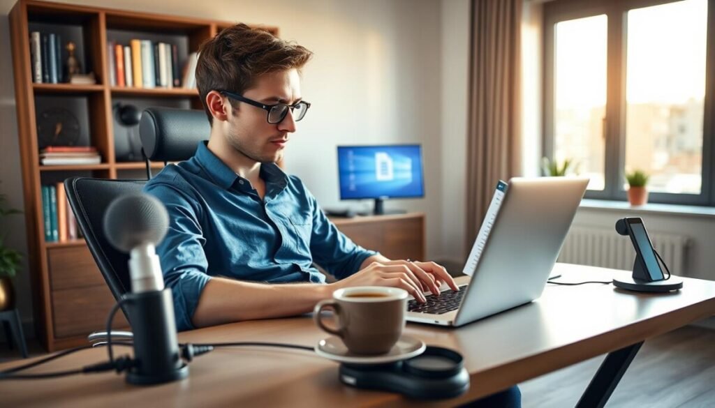 A modern and sleek home office setting, featuring a person with short brown hair, wearing a smart casual blue shirt, sitting comfortably in an ergonomic chair. They are focused on a laptop, using voice typing commands to draft a document, with a look of concentration on their face. The foreground includes a stylish desk cluttered with a few tech gadgets like a microphone and wireless headphones, as well as a steaming cup of coffee. In the middle ground, the laptop screen displays a Google Docs interface, partially filled with text. The background showcases a well-organized bookshelf and a large window letting in soft, warm daylight, creating a productive and inviting atmosphere. The mood is one of efficiency and modernity, emphasizing the hands-free workflow.