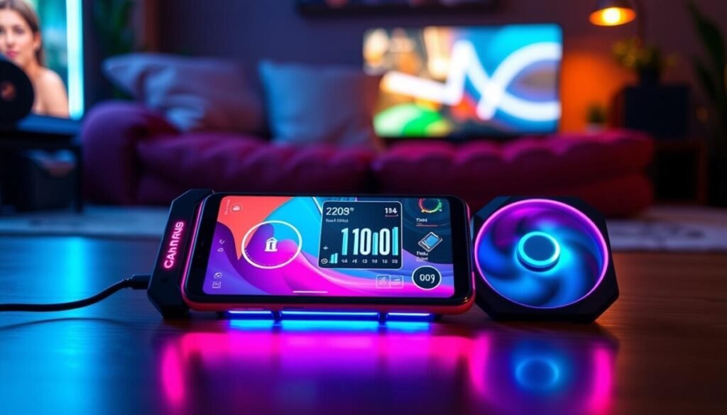 A modern, budget-friendly cooling solution for gaming phones, prominently displayed in the foreground. The cooler is sleek and compact, equipped with vibrant LED lights that softly illuminate its surfaces. In the middle ground, a stylish smartphone rests beside the cooler, showcasing performance metrics on the screen. The background features a cozy gaming setup with dim ambient lighting, hinting at a dynamic gaming atmosphere. The scene is captured from a slight overhead angle, giving a clear view of both the cooler and phone. The overall mood is energetic yet inviting, exemplifying affordability and efficiency. Ideal for a tech-savvy audience seeking practical gaming accessories. A modern, budget-friendly cooling solution for gaming phones, prominently displayed in the foreground. The cooler is sleek and compact, equipped with vibrant LED lights that softly illuminate its surfaces. In the middle ground, a stylish smartphone rests beside the cooler, showcasing performance metrics on the screen. The background features a cozy gaming setup with dim ambient lighting, hinting at a dynamic gaming atmosphere. The scene is captured from a slight overhead angle, giving a clear view of both the cooler and phone. The overall mood is energetic yet inviting, exemplifying affordability and efficiency. Ideal for a tech-savvy audience seeking practical gaming accessories.