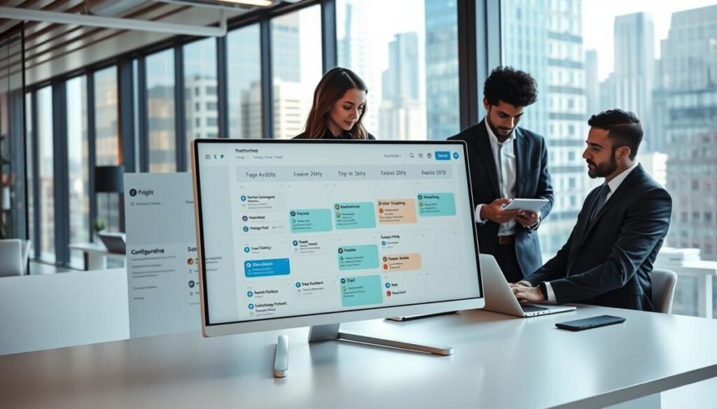 A modern business office environment highlighting the concept of scheduling integrations. In the foreground, a sleek computer screen displays an interactive calendar interface, showcasing various interconnected business tools such as email, project management software, and video conferencing apps. The middle ground features diverse professionals in business attire engaging with the technology - a woman interacting with a tablet and a man discussing configurations on a laptop. In the background, large windows reveal a bustling cityscape, illuminated by natural daylight, enhancing the vibrant atmosphere. The lighting is bright and inviting, emphasizing productivity. The angle is slightly elevated, offering a clear view of both the screen and the team dynamics, creating a collaborative and forward-thinking mood. A modern business office environment highlighting the concept of scheduling integrations. In the foreground, a sleek computer screen displays an interactive calendar interface, showcasing various interconnected business tools such as email, project management software, and video conferencing apps. The middle ground features diverse professionals in business attire engaging with the technology - a woman interacting with a tablet and a man discussing configurations on a laptop. In the background, large windows reveal a bustling cityscape, illuminated by natural daylight, enhancing the vibrant atmosphere. The lighting is bright and inviting, emphasizing productivity. The angle is slightly elevated, offering a clear view of both the screen and the team dynamics, creating a collaborative and forward-thinking mood.