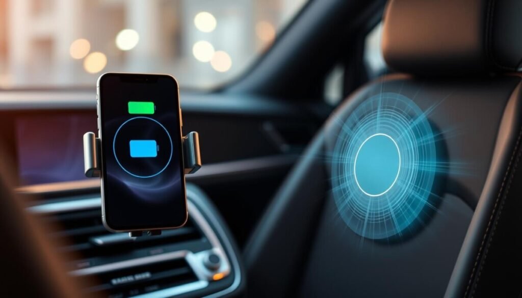 A modern car mount with an iPhone wirelessly charging, showcasing a sleek design with a visible charging pad. The foreground features the iPhone displaying a subtle battery charging icon, emitting a soft glow indicating power flow. In the middle, detailed technical elements highlight the wireless charging mechanism, with rays of energy illustrated between the phone and the charging pad to signify thermal transfer. The background features a subtle view of the car interior, emphasizing a luxurious yet practical ambiance with soft, ambient lighting creating a warm atmosphere. The focus captures the dynamic interplay between technology and thermal regulation, conveying an innovative and sophisticated mood. A modern car mount with an iPhone wirelessly charging, showcasing a sleek design with a visible charging pad. The foreground features the iPhone displaying a subtle battery charging icon, emitting a soft glow indicating power flow. In the middle, detailed technical elements highlight the wireless charging mechanism, with rays of energy illustrated between the phone and the charging pad to signify thermal transfer. The background features a subtle view of the car interior, emphasizing a luxurious yet practical ambiance with soft, ambient lighting creating a warm atmosphere. The focus captures the dynamic interplay between technology and thermal regulation, conveying an innovative and sophisticated mood.