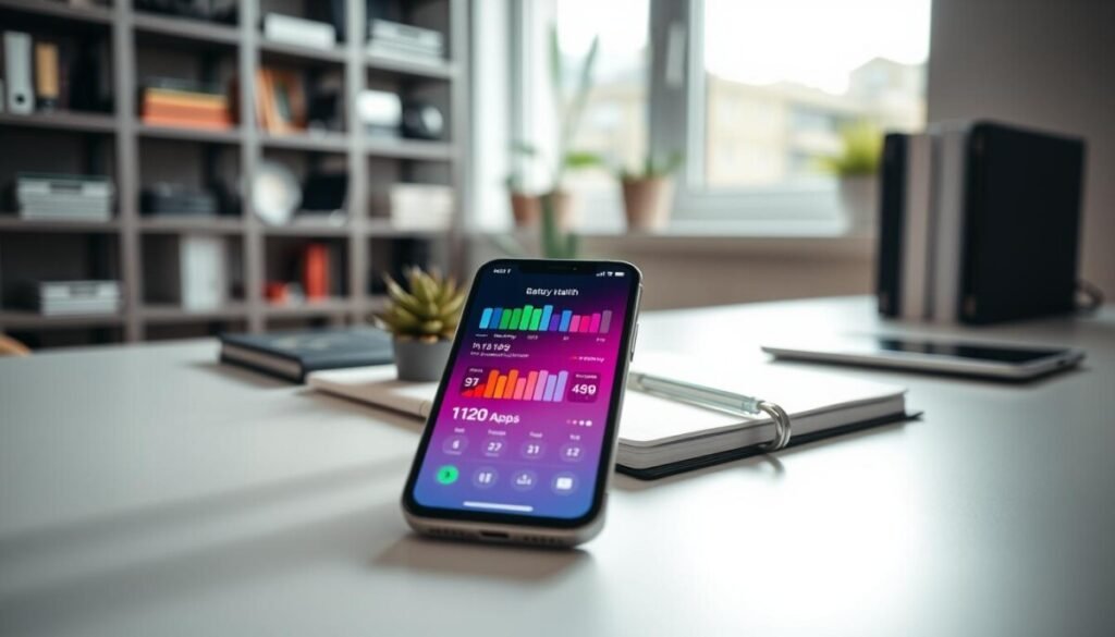 A modern, clean workspace with an iPhone placed prominently on a stylish desk, displaying its battery health and app usage statistics. In the foreground, a close-up of the iPhone screen shows colorful bar graphs and numerical data representing daily usage and app activity. In the middle, soft natural light from a nearby window highlights the device, while a small succulent plant and sleek notebook add a touch of greenery and organization. In the background, blurred shelves filled with tech gadgets and books create a tech-savvy atmosphere. The overall mood is informative yet inviting, with a focus on productivity and digital well-being. Lens view at a slight angle to emphasize the iPhone's details, ensuring a professional, polished look. A modern, clean workspace with an iPhone placed prominently on a stylish desk, displaying its battery health and app usage statistics. In the foreground, a close-up of the iPhone screen shows colorful bar graphs and numerical data representing daily usage and app activity. In the middle, soft natural light from a nearby window highlights the device, while a small succulent plant and sleek notebook add a touch of greenery and organization. In the background, blurred shelves filled with tech gadgets and books create a tech-savvy atmosphere. The overall mood is informative yet inviting, with a focus on productivity and digital well-being. Lens view at a slight angle to emphasize the iPhone's details, ensuring a professional, polished look.