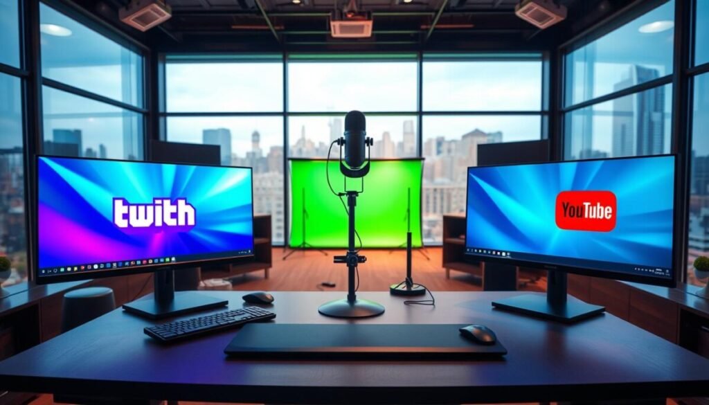 A modern cloud multistreaming studio setup focused on efficiency and professionalism. In the foreground, a sleek desk with dual monitors displaying vibrant streaming interfaces for Twitch and YouTube. The middle ground features a high-end microphone, a green-screen backdrop, and soft, diffused lighting casting a warm glow over the space. Behind, large windows reveal a city skyline, enhancing the high-tech atmosphere. The angle is slightly elevated, capturing the entire desk and background, showcasing the bustling environment of a digital creator. The mood is dynamic and inspiring, emphasizing creativity and connectivity, with colors blending harmoniously to evoke enthusiasm for live streaming. A modern cloud multistreaming studio setup focused on efficiency and professionalism. In the foreground, a sleek desk with dual monitors displaying vibrant streaming interfaces for Twitch and YouTube. The middle ground features a high-end microphone, a green-screen backdrop, and soft, diffused lighting casting a warm glow over the space. Behind, large windows reveal a city skyline, enhancing the high-tech atmosphere. The angle is slightly elevated, capturing the entire desk and background, showcasing the bustling environment of a digital creator. The mood is dynamic and inspiring, emphasizing creativity and connectivity, with colors blending harmoniously to evoke enthusiasm for live streaming.