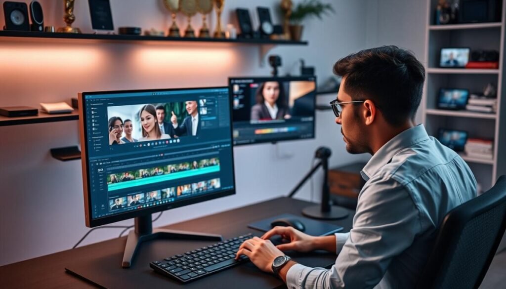 A modern desktop video editing setup featuring a high-resolution dual-monitor display, showcasing an advanced video editing software interface. In the foreground, a professional-looking individual wearing smart casual attire, focused intently on the screens, manipulating a video timeline with precision. The middle ground includes a sleek keyboard, an ergonomic mouse, and colorful footage clips arranged for editing. In the background, shelves filled with tech gadgets and awards give a sense of accomplishment. Soft, ambient lighting illuminates the workspace, creating a productive and inspiring atmosphere. Shot from a slightly elevated angle, the scene captures the creativity and technicality involved in video editing, ideal for creating engaging content like YouTube Shorts and Reels. A modern desktop video editing setup featuring a high-resolution dual-monitor display, showcasing an advanced video editing software interface. In the foreground, a professional-looking individual wearing smart casual attire, focused intently on the screens, manipulating a video timeline with precision. The middle ground includes a sleek keyboard, an ergonomic mouse, and colorful footage clips arranged for editing. In the background, shelves filled with tech gadgets and awards give a sense of accomplishment. Soft, ambient lighting illuminates the workspace, creating a productive and inspiring atmosphere. Shot from a slightly elevated angle, the scene captures the creativity and technicality involved in video editing, ideal for creating engaging content like YouTube Shorts and Reels.