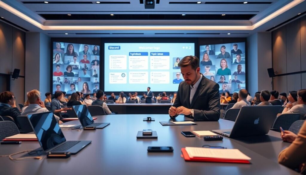 A modern digital conference setting showcasing a Discord Stage channel discussion. In the foreground, a well-organized, sleek table is adorned with laptops, notepads, and smartphones, while a professional in business attire takes notes, embodying focus and engagement. In the middle ground, a large screen displays animated graphics illustrating event scheduling and topic ideas, emanating a soft blue glow that symbolizes creativity and innovation. The background features a vibrant virtual audience, represented by various user avatars, connected through their devices. Soft ambient lighting creates a welcoming atmosphere, enhancing the sense of collaboration and inspiration. The scene conveys a professional yet relaxed mood, ideal for planning an engaging event. Use a wide-angle lens to capture the dynamic composition, ensuring clarity and harmony in the image.