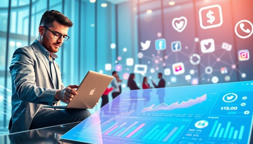 A modern digital landscape reflecting monetization potential, featuring a professional-looking person in business attire analyzing graphs and charts on a sleek laptop. In the foreground, place a vibrant digital dashboard displaying various metrics, emphasizing growth and engagement for creators and brands. The middle ground should show a diverse group of creators and brands, engaged in collaborative discussions around the potential revenue models. In the background, illustrate iconic elements of social media platforms, such as stylized logos and interconnected nodes. Utilize soft, inspiring lighting to evoke a hopeful atmosphere, with a focus on innovation and opportunity. Ensure the scene is dynamic, with an angled perspective that draws the viewer's eye towards the digital displays and engaged individuals. A modern digital landscape reflecting monetization potential, featuring a professional-looking person in business attire analyzing graphs and charts on a sleek laptop. In the foreground, place a vibrant digital dashboard displaying various metrics, emphasizing growth and engagement for creators and brands. The middle ground should show a diverse group of creators and brands, engaged in collaborative discussions around the potential revenue models. In the background, illustrate iconic elements of social media platforms, such as stylized logos and interconnected nodes. Utilize soft, inspiring lighting to evoke a hopeful atmosphere, with a focus on innovation and opportunity. Ensure the scene is dynamic, with an angled perspective that draws the viewer's eye towards the digital displays and engaged individuals.