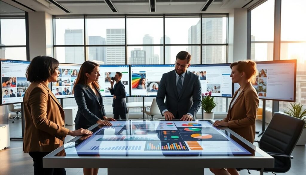 A modern digital workspace depicting "media support" focused on content formats and posting capabilities for social media platforms like Bluesky and Threads. In the foreground, a diverse group of two professionals in business attire are engaged in a collaborative discussion, analyzing colorful charts and infographics on a sleek touchscreen table. The middle ground features a high-tech, minimalist office with large monitors displaying various social media interfaces, showing dynamic content formats such as photos, videos, and text posts. The background includes large windows with a cityscape view, softly lit by natural sunlight, creating an inspiring and optimistic atmosphere. The camera angle is slightly elevated, providing a comprehensive view of this vibrant media environment while ensuring a clean, professional aesthetic throughout. A modern digital workspace depicting "media support" focused on content formats and posting capabilities for social media platforms like Bluesky and Threads. In the foreground, a diverse group of two professionals in business attire are engaged in a collaborative discussion, analyzing colorful charts and infographics on a sleek touchscreen table. The middle ground features a high-tech, minimalist office with large monitors displaying various social media interfaces, showing dynamic content formats such as photos, videos, and text posts. The background includes large windows with a cityscape view, softly lit by natural sunlight, creating an inspiring and optimistic atmosphere. The camera angle is slightly elevated, providing a comprehensive view of this vibrant media environment while ensuring a clean, professional aesthetic throughout.