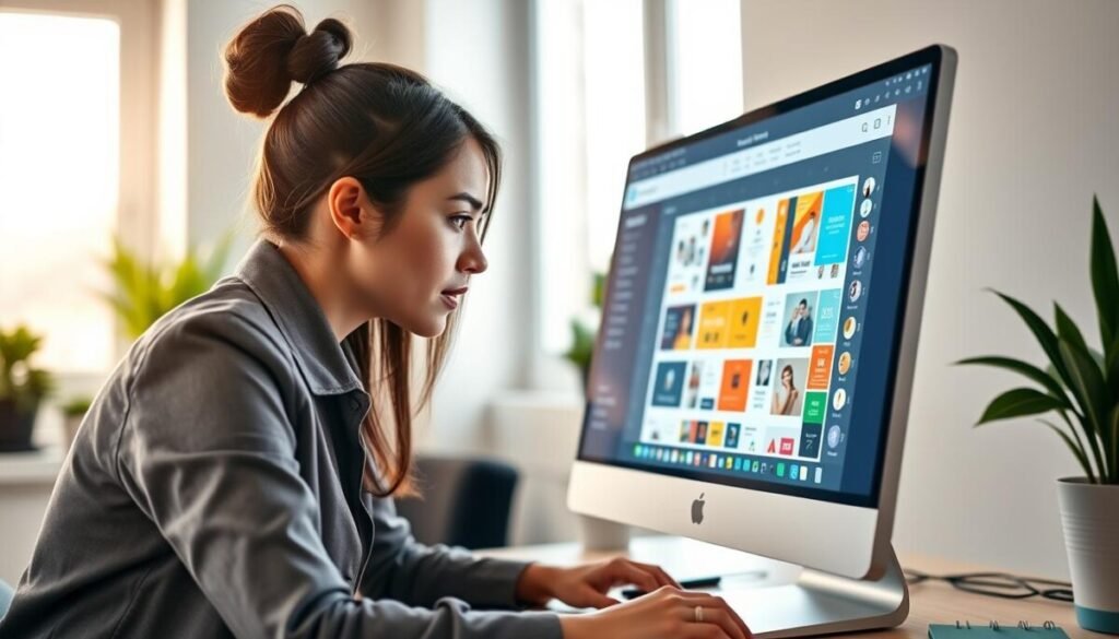 A modern digital workspace featuring a focused, professional individual engaged with the Canva editor on a large, sleek computer screen. In the foreground, a young woman wearing smart casual attire leans slightly forward, her expression intent as she selects design elements on the screen. The middle scene showcases a vibrant interface of Canva, filled with colorful design templates and tools, suggesting creativity and organization. In the background, soft natural light filters through a window, creating a warm and inviting atmosphere, with potted plants adding a touch of greenery. The overall mood is one of inspiration and productivity, captured from a slightly elevated angle to highlight the user experience and interaction with the digital design platform. A modern digital workspace featuring a focused, professional individual engaged with the Canva editor on a large, sleek computer screen. In the foreground, a young woman wearing smart casual attire leans slightly forward, her expression intent as she selects design elements on the screen. The middle scene showcases a vibrant interface of Canva, filled with colorful design templates and tools, suggesting creativity and organization. In the background, soft natural light filters through a window, creating a warm and inviting atmosphere, with potted plants adding a touch of greenery. The overall mood is one of inspiration and productivity, captured from a slightly elevated angle to highlight the user experience and interaction with the digital design platform.