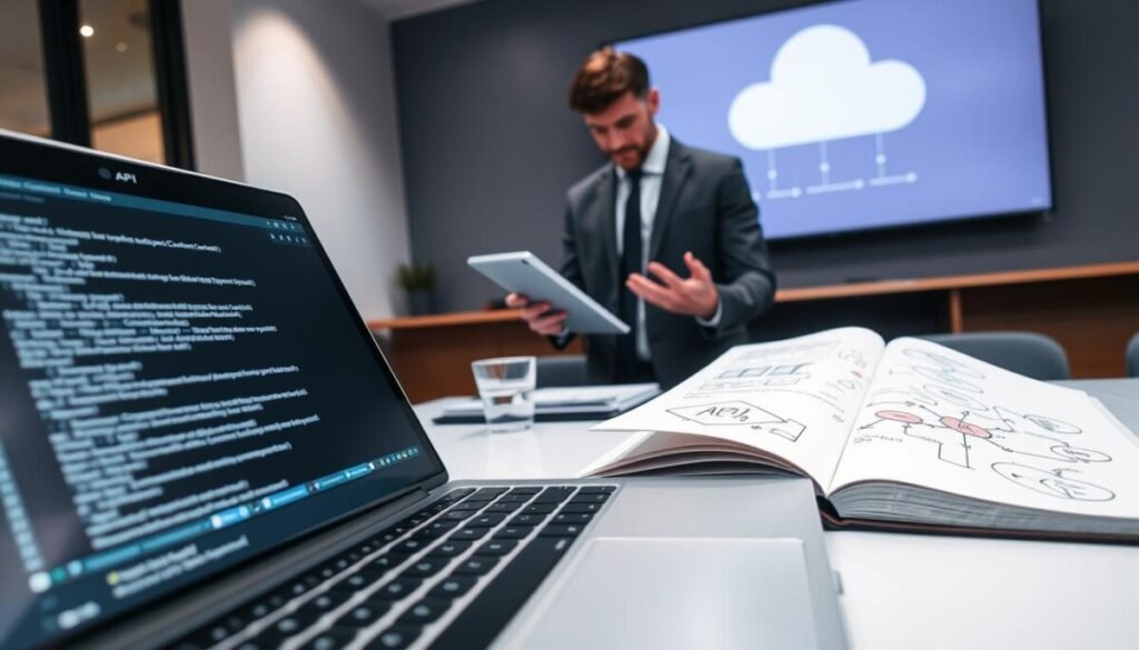 A modern digital workspace featuring a professional setting focused on publishing content via API endpoints. In the foreground, a sleek laptop displays a clean coding interface with visible lines of code, illustrating an API call. To the side, a business professional in smart casual attire is interacting with a tablet, analyzing data metrics. The middle ground shows an open notebook with sketches of flowcharts and diagrams representing data pipelines. The background features a large screen displaying a cloud-based graphic, symbolizing data flow between platforms. Soft, diffused lighting enhances the collaborative atmosphere, while an angular perspective captures the depth of the workspace, conveying a sense of technological advancement and creativity. A modern digital workspace featuring a professional setting focused on publishing content via API endpoints. In the foreground, a sleek laptop displays a clean coding interface with visible lines of code, illustrating an API call. To the side, a business professional in smart casual attire is interacting with a tablet, analyzing data metrics. The middle ground shows an open notebook with sketches of flowcharts and diagrams representing data pipelines. The background features a large screen displaying a cloud-based graphic, symbolizing data flow between platforms. Soft, diffused lighting enhances the collaborative atmosphere, while an angular perspective captures the depth of the workspace, conveying a sense of technological advancement and creativity.