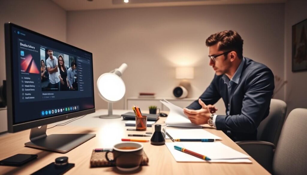 A modern digital workspace featuring a sleek desktop setup focused on DaVinci Resolve software. In the foreground, a high-resolution monitor displays the interface of DaVinci Resolve with a visible media delivery and export settings panel. A professional individual, dressed in business casual attire, intently reviews video clips on the screen, reflecting concentration. In the middle ground, an organized desk is cluttered with creative tools such as a notepad, colored pens, and a cup of coffee, symbolizing a creative environment. The background shows a well-lit room with ambient lighting, soft shadows, and minimalist decor to evoke a focused, professional atmosphere. The overall mood is one of productivity and professionalism, emphasizing the limitations of export features in the software. A modern digital workspace featuring a sleek desktop setup focused on DaVinci Resolve software. In the foreground, a high-resolution monitor displays the interface of DaVinci Resolve with a visible media delivery and export settings panel. A professional individual, dressed in business casual attire, intently reviews video clips on the screen, reflecting concentration. In the middle ground, an organized desk is cluttered with creative tools such as a notepad, colored pens, and a cup of coffee, symbolizing a creative environment. The background shows a well-lit room with ambient lighting, soft shadows, and minimalist decor to evoke a focused, professional atmosphere. The overall mood is one of productivity and professionalism, emphasizing the limitations of export features in the software.