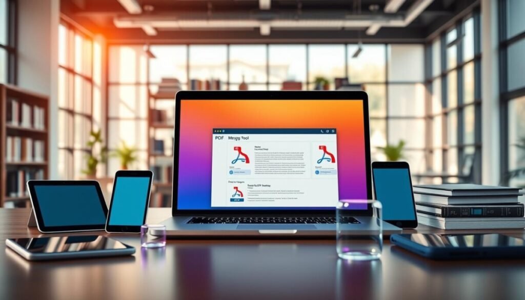 A modern digital workspace featuring an open laptop at the center, showing a vibrant interface of a PDF merging tool. In the foreground, sleek, colorful icons representing various digital devices like tablets and smartphones surround the laptop, symbolizing cross-platform compatibility. The middle section showcases a blurred bookshelf filled with tech books, establishing a sense of knowledge and technology. In the background, a bright, airy office space with large windows allows natural light to flood in, creating a warm and inviting atmosphere. Soft shadows emphasize the sleek design of the devices and enhance the overall professionalism of the scene, evoking a mood of efficiency and innovation. The image should be well-lit, shot from a slightly elevated angle to capture all elements harmoniously.