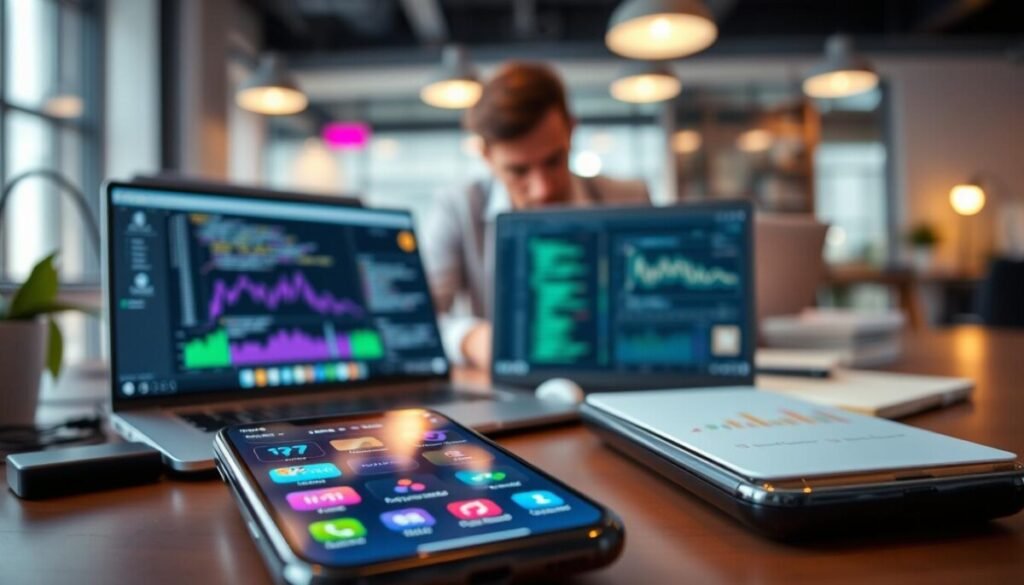 A modern digital workspace focused on optimizing software and background processes for a smartphone. In the foreground, a close-up of a sleek smartphone screen displaying a dashboard with colorful graphs and icons representing various apps, with animated indicators showing resource usage. The middle ground features a stylish laptop with code and data analysis graphs on its screen, surrounded by tech-related gadgets. In the background, a vibrant and well-lit office space, with a professional in modest casual attire concentrating on their laptop. Soft, ambient lighting creates a productive atmosphere, highlighting tech sophistication and efficiency, with a slight bokeh effect to emphasize depth. The scene conveys a mood of focus and innovation, ideal for illustrating software optimization. A modern digital workspace focused on optimizing software and background processes for a smartphone. In the foreground, a close-up of a sleek smartphone screen displaying a dashboard with colorful graphs and icons representing various apps, with animated indicators showing resource usage. The middle ground features a stylish laptop with code and data analysis graphs on its screen, surrounded by tech-related gadgets. In the background, a vibrant and well-lit office space, with a professional in modest casual attire concentrating on their laptop. Soft, ambient lighting creates a productive atmosphere, highlighting tech sophistication and efficiency, with a slight bokeh effect to emphasize depth. The scene conveys a mood of focus and innovation, ideal for illustrating software optimization.