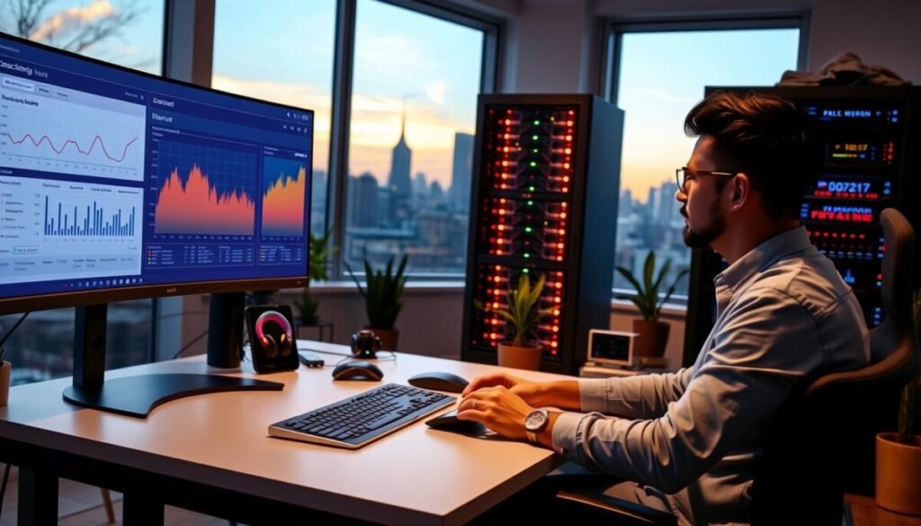 A modern digital workspace illustrating server management for a Discord community. In the foreground, a focused individual in smart casual attire is seated at a sleek desk, analyzing server metrics on a large monitor displaying vibrant graphs and user activity. The middle ground features a high-tech server rack with blinking LEDs, symbolizing active server management. In the background, a window shows a cityscape, bathed in soft, warm evening light to create a productive atmosphere. The room is well-organized, with potted plants and tech gadgets enhancing the professional vibe. The angle is slightly elevated from the desk, allowing a clear view of the monitor and server setup, emphasizing a sense of control and efficiency in community onboarding. A modern digital workspace illustrating server management for a Discord community. In the foreground, a focused individual in smart casual attire is seated at a sleek desk, analyzing server metrics on a large monitor displaying vibrant graphs and user activity. The middle ground features a high-tech server rack with blinking LEDs, symbolizing active server management. In the background, a window shows a cityscape, bathed in soft, warm evening light to create a productive atmosphere. The room is well-organized, with potted plants and tech gadgets enhancing the professional vibe. The angle is slightly elevated from the desk, allowing a clear view of the monitor and server setup, emphasizing a sense of control and efficiency in community onboarding.