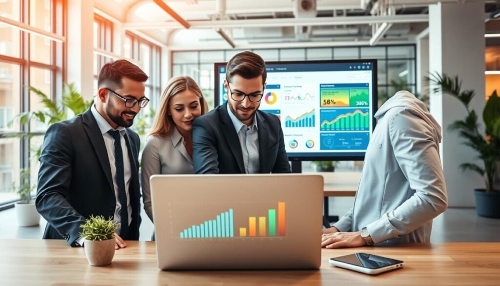 A modern digital workspace illustrating the concept of Search Engine Optimization. In the foreground, a diverse group of three professionals in smart business attire collaborate over a laptop displaying graphs and analytics related to SEO performance. The middle layer features a large monitor with a colorful SEO dashboard featuring keyword rankings and website traffic trends. In the background, an open office space with plants, large windows, and natural light creating a bright atmosphere. The scene conveys a sense of innovation and teamwork in a technology-driven environment. The camera angle is slightly elevated, capturing all elements harmoniously. The lighting is warm and inviting, emphasizing productivity and focus. A modern digital workspace illustrating the concept of Search Engine Optimization. In the foreground, a diverse group of three professionals in smart business attire collaborate over a laptop displaying graphs and analytics related to SEO performance. The middle layer features a large monitor with a colorful SEO dashboard featuring keyword rankings and website traffic trends. In the background, an open office space with plants, large windows, and natural light creating a bright atmosphere. The scene conveys a sense of innovation and teamwork in a technology-driven environment. The camera angle is slightly elevated, capturing all elements harmoniously. The lighting is warm and inviting, emphasizing productivity and focus.
