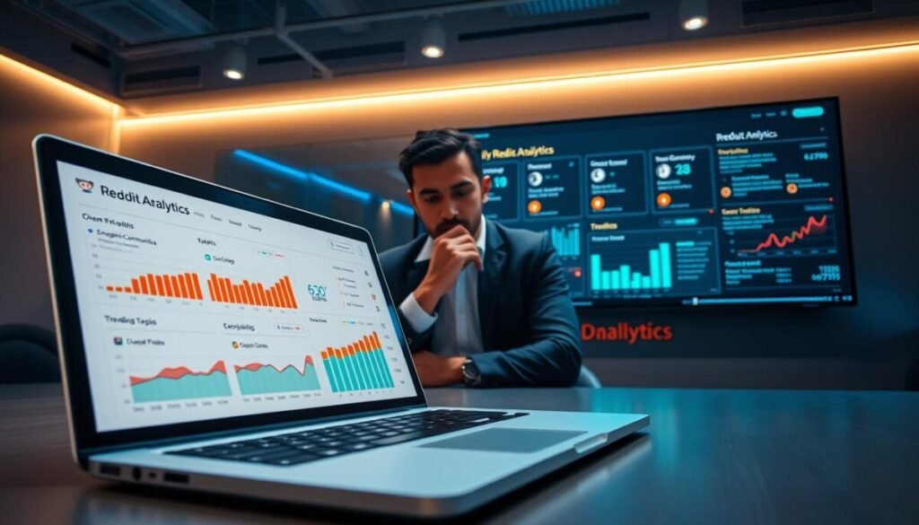 A modern digital workspace showcasing "Reddit Analytics" tools. In the foreground, a sleek laptop is open with an analytics dashboard prominently displayed, featuring vibrant graphs and metrics related to Reddit engagement, post performance, and user interactions. The middle ground features a professional-looking person in business attire, intently analyzing data on the screen, with a thoughtful expression. In the background, a wall-mounted screen displays an overview of popular Reddit communities, trending topics, and user demographics, illuminated with ambient blue and green lighting for a tech-savvy atmosphere. The overall mood is focused and innovative, capturing the essence of analytics and digital marketing in a business setting, using a wide-angle lens to create depth and perspective. A modern digital workspace showcasing "Reddit Analytics" tools. In the foreground, a sleek laptop is open with an analytics dashboard prominently displayed, featuring vibrant graphs and metrics related to Reddit engagement, post performance, and user interactions. The middle ground features a professional-looking person in business attire, intently analyzing data on the screen, with a thoughtful expression. In the background, a wall-mounted screen displays an overview of popular Reddit communities, trending topics, and user demographics, illuminated with ambient blue and green lighting for a tech-savvy atmosphere. The overall mood is focused and innovative, capturing the essence of analytics and digital marketing in a business setting, using a wide-angle lens to create depth and perspective.