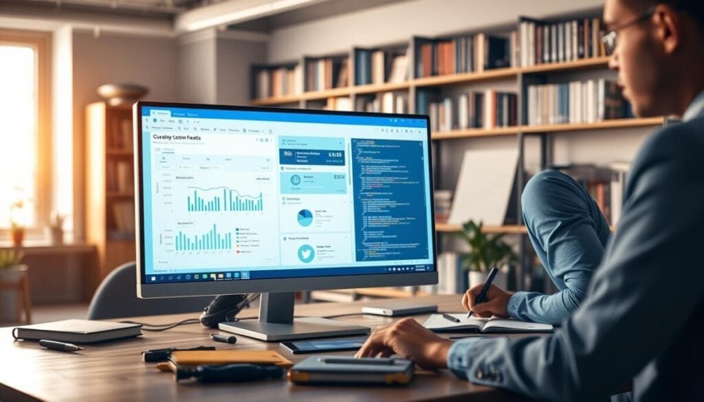 A modern digital workspace showcasing a computer screen displaying the Bluesky interface for custom feeds. In the foreground, a focused professional in business attire is analyzing the interface, with tools and notebooks scattered around, emphasizing a tech-savvy environment. The midground features a sleek monitor glowing softly with data visualization graphs and code snippets, suggesting technical requirements. The background is a well-organized office with shelves filled with books on technology and social media, bathed in warm, natural light coming from a large window, creating an inviting atmosphere. The overall mood is one of innovation and productivity, capturing the essence of creating custom feeds in a contemporary setting. A modern digital workspace showcasing a computer screen displaying the Bluesky interface for custom feeds. In the foreground, a focused professional in business attire is analyzing the interface, with tools and notebooks scattered around, emphasizing a tech-savvy environment. The midground features a sleek monitor glowing softly with data visualization graphs and code snippets, suggesting technical requirements. The background is a well-organized office with shelves filled with books on technology and social media, bathed in warm, natural light coming from a large window, creating an inviting atmosphere. The overall mood is one of innovation and productivity, capturing the essence of creating custom feeds in a contemporary setting.