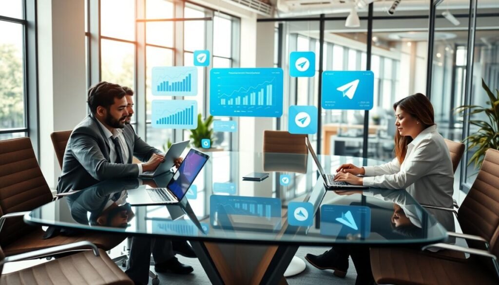 A modern digital workspace showcasing a diverse group of professionals engaging in discussions about prospect intelligence within Telegram groups. In the foreground, a diverse trio of business people—two men and one woman—are seated at a sleek glass conference table, reviewing analytics on laptops and tablets. The middle section features multiple floating screens displaying graphs, channel statistics, and Telegram icons, symbolizing data flow and communication. The background has a vibrant office environment with large windows letting in natural light, creating a bright and productive atmosphere. Soft, warm lighting enhances the collaborative mood, while a wide-angle perspective captures the dynamic interaction among the team. The overall feeling is energetic and focused, ideal for illustrating the concept of leveraging intelligence for sales growth. A modern digital workspace showcasing a diverse group of professionals engaging in discussions about prospect intelligence within Telegram groups. In the foreground, a diverse trio of business people—two men and one woman—are seated at a sleek glass conference table, reviewing analytics on laptops and tablets. The middle section features multiple floating screens displaying graphs, channel statistics, and Telegram icons, symbolizing data flow and communication. The background has a vibrant office environment with large windows letting in natural light, creating a bright and productive atmosphere. Soft, warm lighting enhances the collaborative mood, while a wide-angle perspective captures the dynamic interaction among the team. The overall feeling is energetic and focused, ideal for illustrating the concept of leveraging intelligence for sales growth.