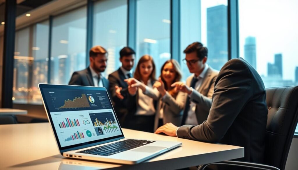 A modern digital workspace showcasing a "profile optimization platform." In the foreground, a sleek laptop displays an interactive dashboard with vibrant graphs and analytics, indicating profile metrics. To the side, a diverse group of business professionals in smart casual attire examines the data, pointing at the screen with engaged expressions. In the middle ground, a large window overlooks a city skyline, filled with bright lights and tall buildings, suggesting a bustling business environment. The background features soft, ambient lighting to create a warm yet professional atmosphere, with a slight bokeh effect to emphasize the subjects. The scene captures a mood of productivity and innovation, inviting viewers to explore the concept of maximizing profile visibility on professional platforms. A modern digital workspace showcasing a "profile optimization platform." In the foreground, a sleek laptop displays an interactive dashboard with vibrant graphs and analytics, indicating profile metrics. To the side, a diverse group of business professionals in smart casual attire examines the data, pointing at the screen with engaged expressions. In the middle ground, a large window overlooks a city skyline, filled with bright lights and tall buildings, suggesting a bustling business environment. The background features soft, ambient lighting to create a warm yet professional atmosphere, with a slight bokeh effect to emphasize the subjects. The scene captures a mood of productivity and innovation, inviting viewers to explore the concept of maximizing profile visibility on professional platforms.