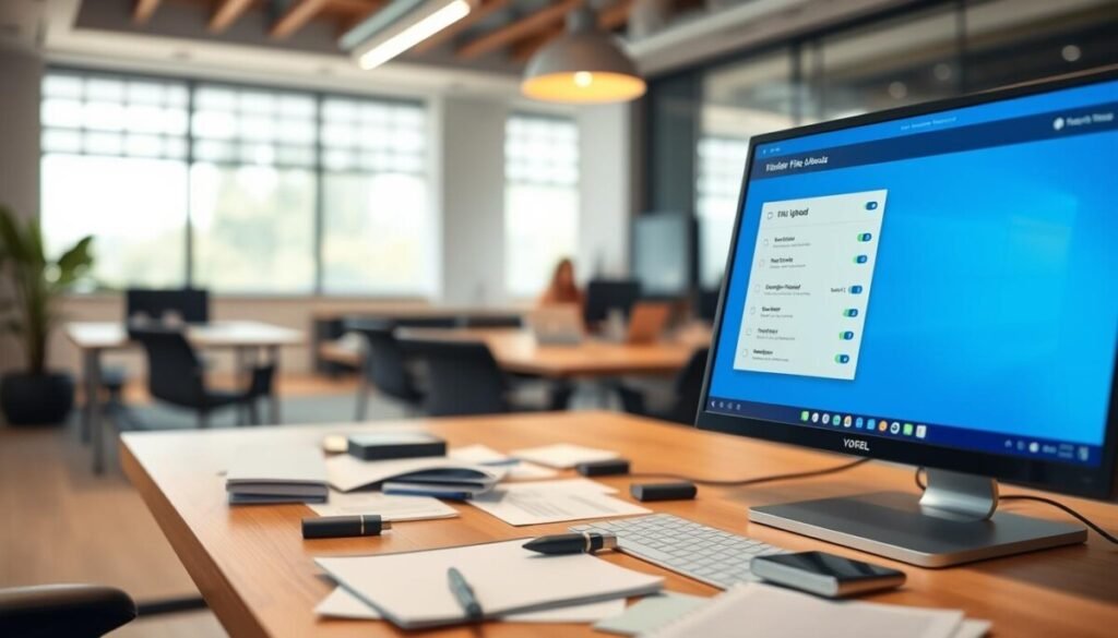 A modern digital workspace showcasing file uploads in a sleek, organized manner. In the foreground, a desktop computer with a vibrant screen displaying a user-friendly file upload interface, featuring neatly arranged icons and progress bars. Surrounding the computer are scattered documents and a few external storage devices, such as a USB flash drive and an external hard drive, suggesting file management. The middle ground features a stylish conference table with a notepad, pen, and a smartphone, indicating a collaborative atmosphere. In the background, a blurred office setting with soft natural lighting filtering through large windows, creating a warm, inviting mood. The angle is slightly elevated, providing a comprehensive view of the workspace and emphasizing the theme of managing file uploads and storage constraints effectively. A modern digital workspace showcasing file uploads in a sleek, organized manner. In the foreground, a desktop computer with a vibrant screen displaying a user-friendly file upload interface, featuring neatly arranged icons and progress bars. Surrounding the computer are scattered documents and a few external storage devices, such as a USB flash drive and an external hard drive, suggesting file management. The middle ground features a stylish conference table with a notepad, pen, and a smartphone, indicating a collaborative atmosphere. In the background, a blurred office setting with soft natural lighting filtering through large windows, creating a warm, inviting mood. The angle is slightly elevated, providing a comprehensive view of the workspace and emphasizing the theme of managing file uploads and storage constraints effectively.