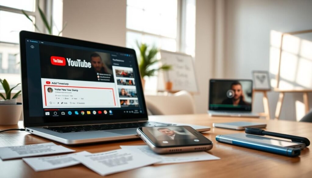 A modern digital workspace showcasing the essential requirements for adding chapters to YouTube videos. The foreground features a sleek laptop displaying the YouTube interface with a clear timestamp section highlighted. In the middle, there are scattered notes and a smartphone illustrating video playback with a visible time-stamp feature. The background includes a bright, airy room with soft natural lighting filtering through large windows, and a whiteboard with bullet points on video editing techniques. The mood is informative and professional, creating a productive atmosphere. Capture the scene from a slightly elevated angle to emphasize the workspace. Use a shallow depth of field to keep the focus on the laptop and notes while gently blurring the background. A modern digital workspace showcasing the essential requirements for adding chapters to YouTube videos. The foreground features a sleek laptop displaying the YouTube interface with a clear timestamp section highlighted. In the middle, there are scattered notes and a smartphone illustrating video playback with a visible time-stamp feature. The background includes a bright, airy room with soft natural lighting filtering through large windows, and a whiteboard with bullet points on video editing techniques. The mood is informative and professional, creating a productive atmosphere. Capture the scene from a slightly elevated angle to emphasize the workspace. Use a shallow depth of field to keep the focus on the laptop and notes while gently blurring the background.